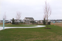 Fenced cemetery with subdivision in background