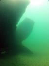 Propeller and rudder, view from port side. View east.