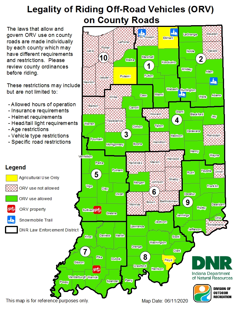 Map of counties where ORV riding is legal on public roads.