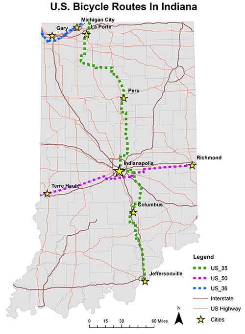 U.S. bicycle routes in Indiana map