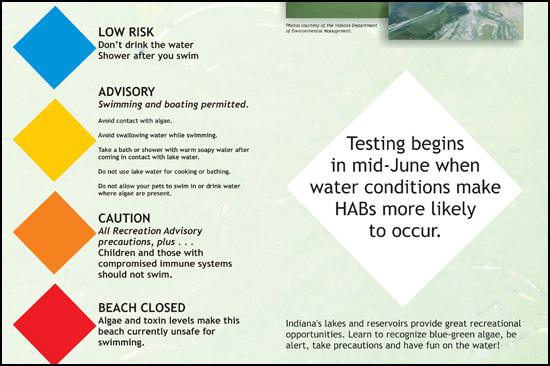 Color alert symbols for blue-green algae levels.