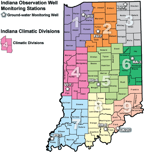 Map of Indiana observation wells and monitoring stations along with climatic divisions