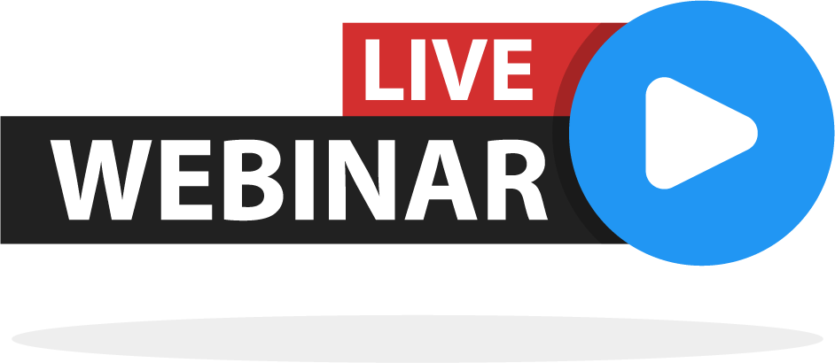 Graphic that says "Live Webinar" with a play button